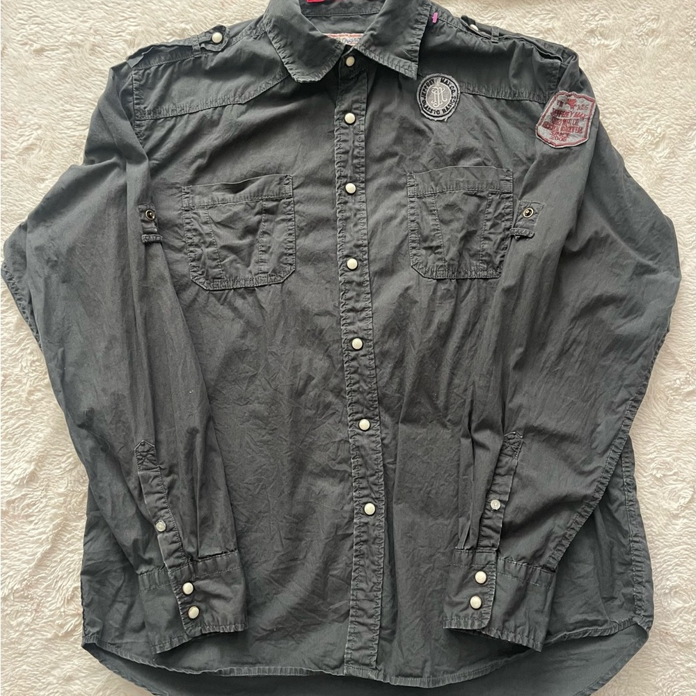 Jeffery Max Charcoal Button-Down Shirt with Patches Grunge